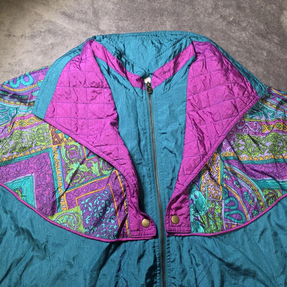 Vintage Lavon Jacket Womens Large Teal Paisley Retro 80s Ski Windbreaker Zip